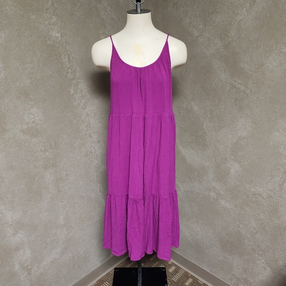 Loft Linen Blend Ruched Ruffle Tiered Pheasant Style Sleeveless Dress Sz SP - Picture 2 of 9